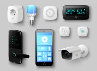 Smart home system icon. Realistic vector control panel, thermostat sensor, socket, light bulb, smartphone, video surveillance camera, technology and application for remote management set